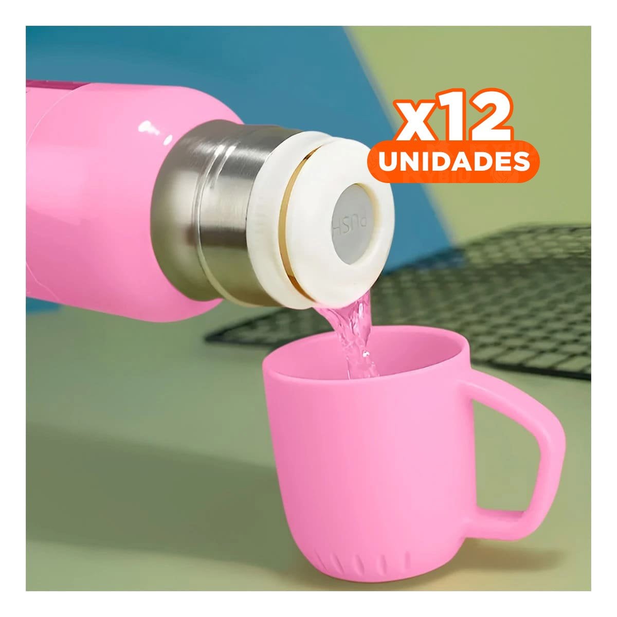 PACK12 SISTEMA TERMICO DE 500ML CON 3 TAZAS ROSADO MODERNO ALTA CALIDAD Y+PAPEL REGALO - 1
