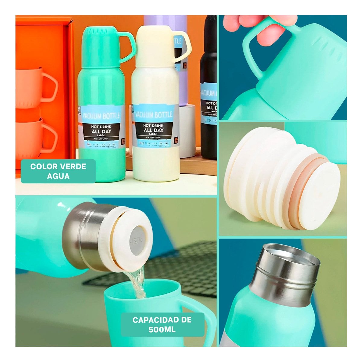 RECIPIENTE TERMICO DE 500ML CON 3 TAZAS VERDE AGUA PORTATIL MODERNO Y+LIGAS REGALO - 1