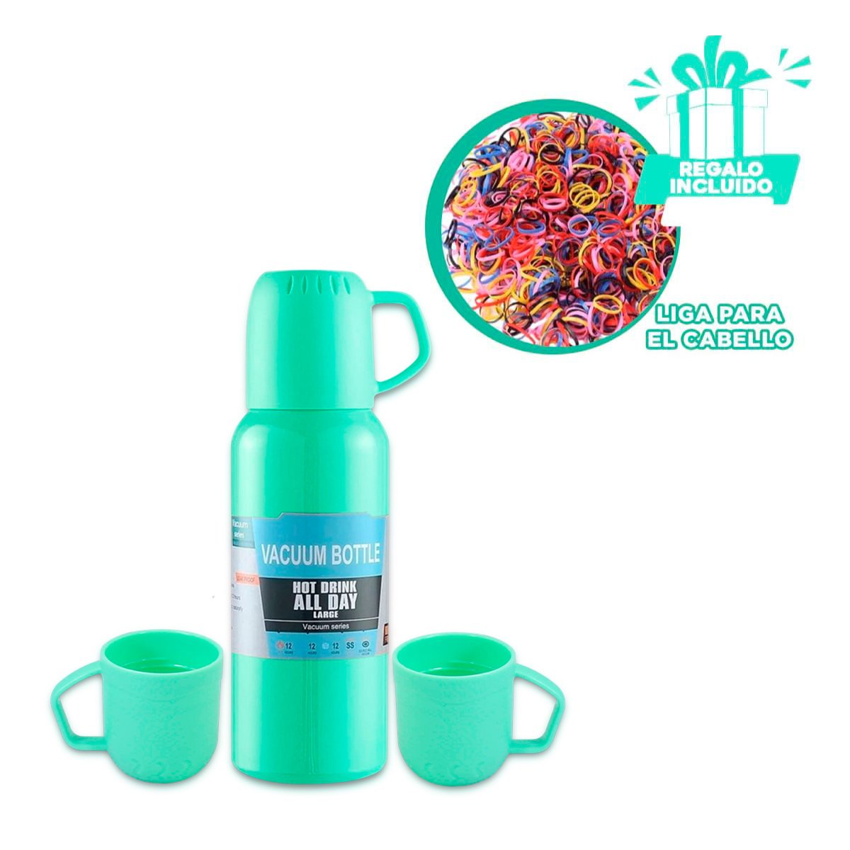 RECIPIENTE TERMICO DE 500ML CON 3 TAZAS VERDE AGUA PORTATIL MODERNO Y+LIGAS REGALO - 2