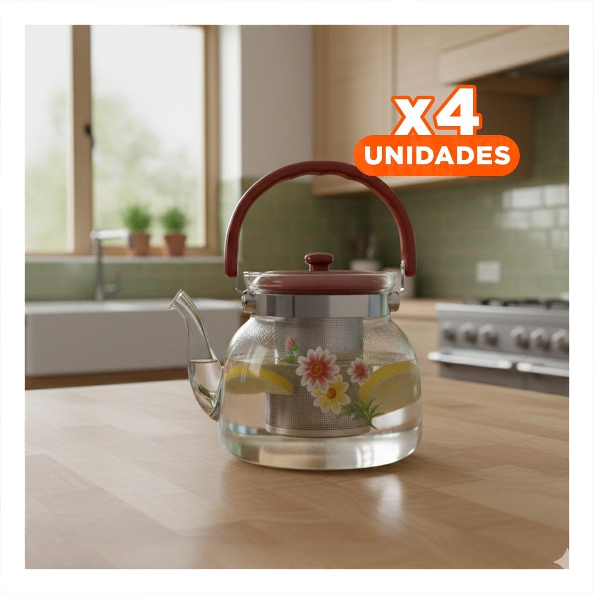 PACK4 ARTICULO DE VIDRIO PARA SERVIR TE Y CAFE 1400ML TRANSPARENTE GUINDA Y+REGALO STICKER - 1