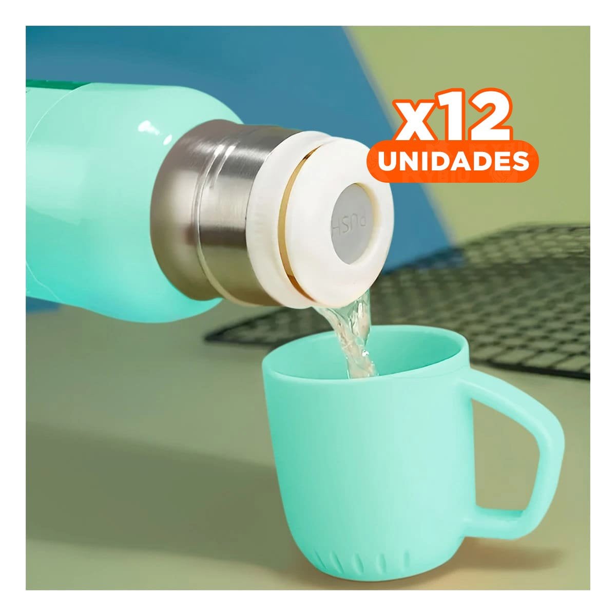 PACK12 EQUIPO PORTATIL DE 500ML CON 3 TAZAS VERDE AGUA ALTA CALIDAD Y+REGALO STICKER - 1