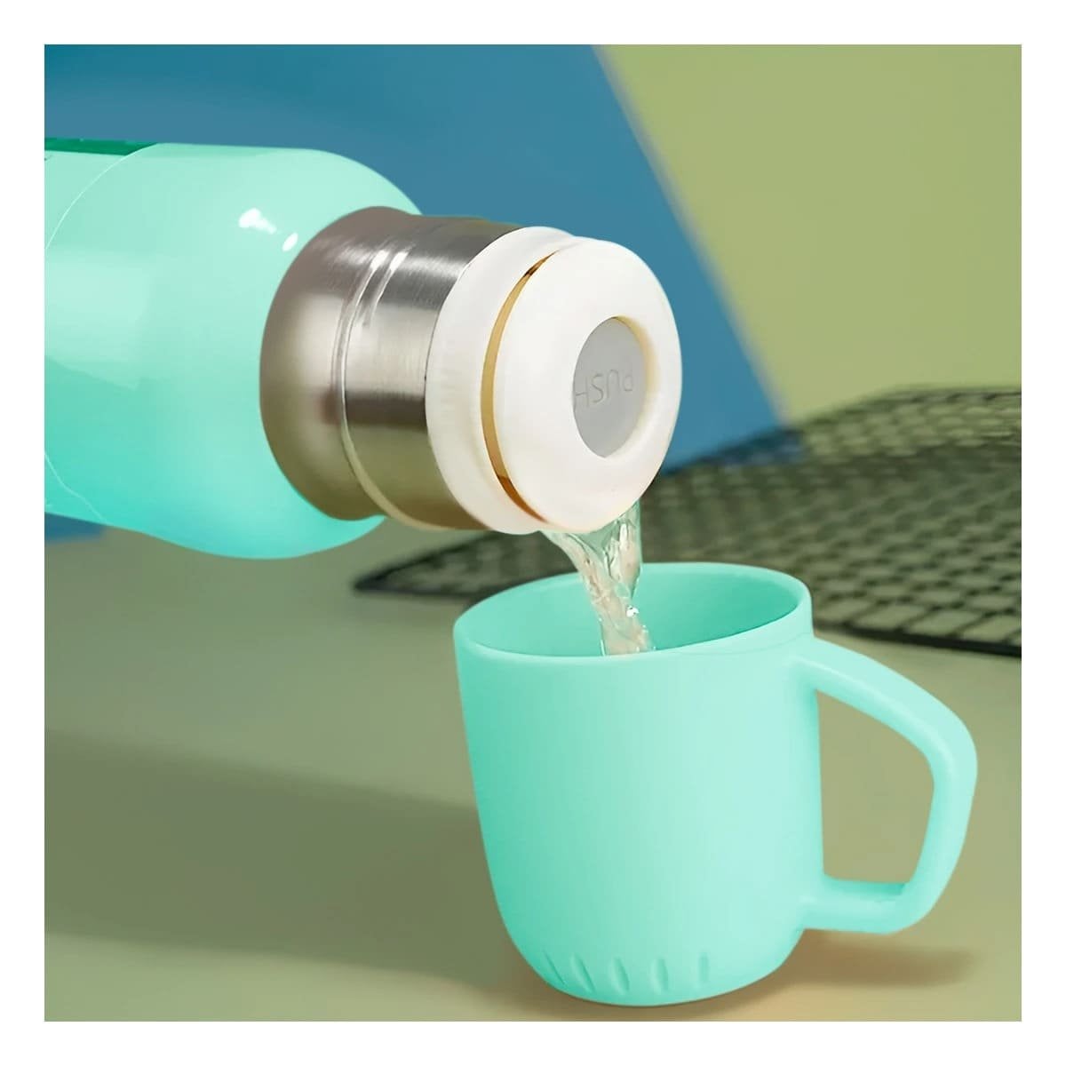 BOTELLA TERMICA DE 500ML CON 3 TAZAS VERDE AGUA MODERNA Y DURADERA Y+PAPEL REGALO - 1