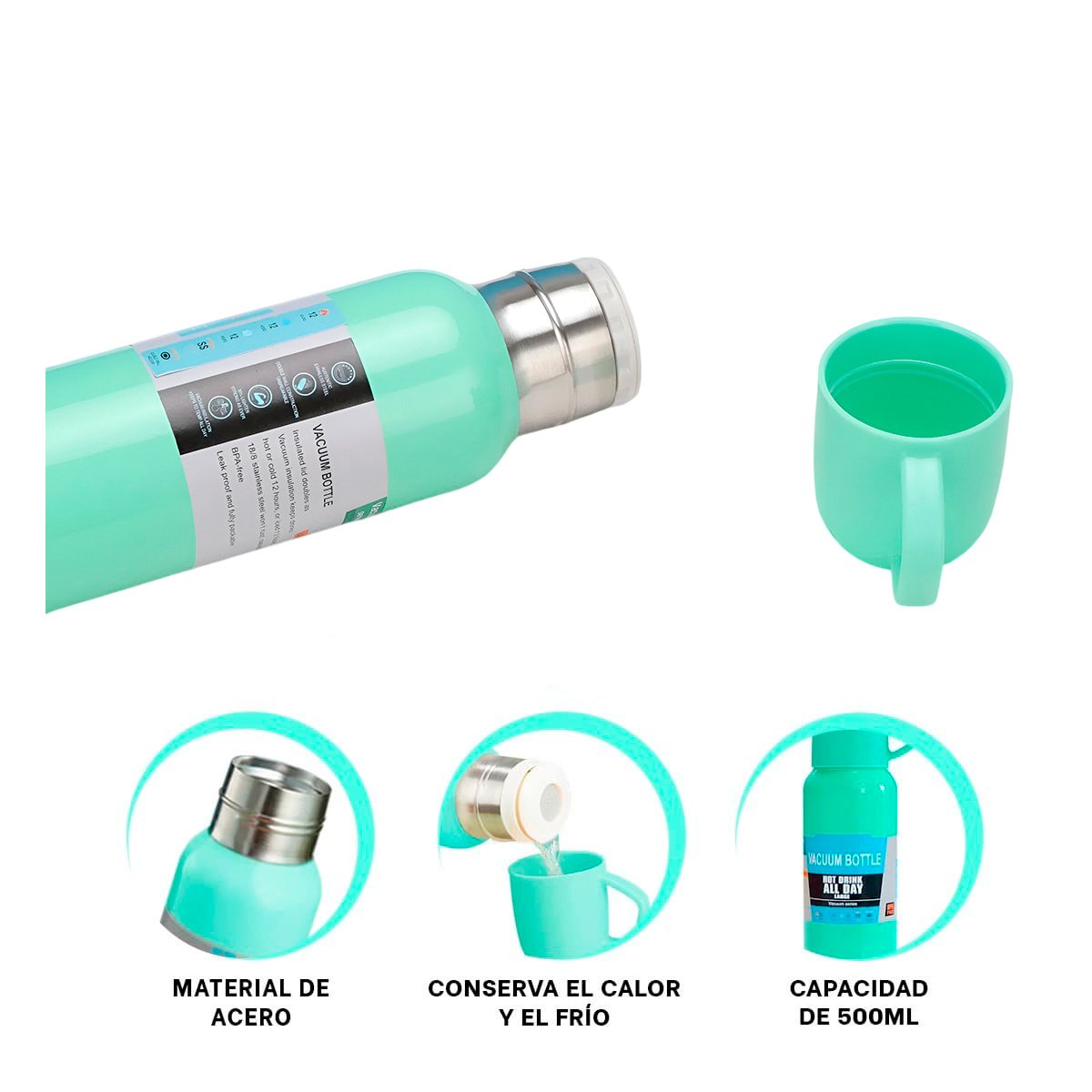 BOTELLA TERMICA DE 500ML CON 3 TAZAS VERDE AGUA MODERNA Y DURADERA Y+PAPEL REGALO - 5