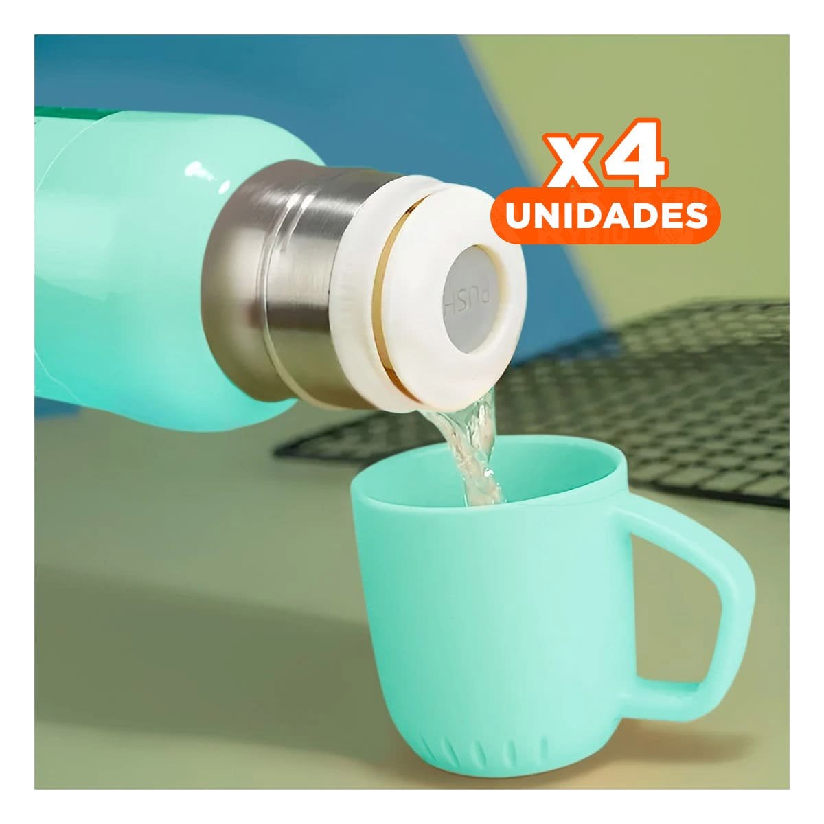 PACK4 ENVASE PORTATIL DE 500ML CON 3 TAZAS VERDE AGUA ACERO Y+REGALO STICKER - 1