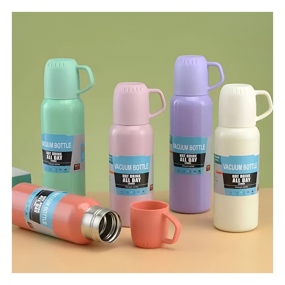 PACK4 ENVASE PORTATIL DE 500ML CON 3 TAZAS VERDE AGUA ACERO Y+REGALO STICKER - 5
