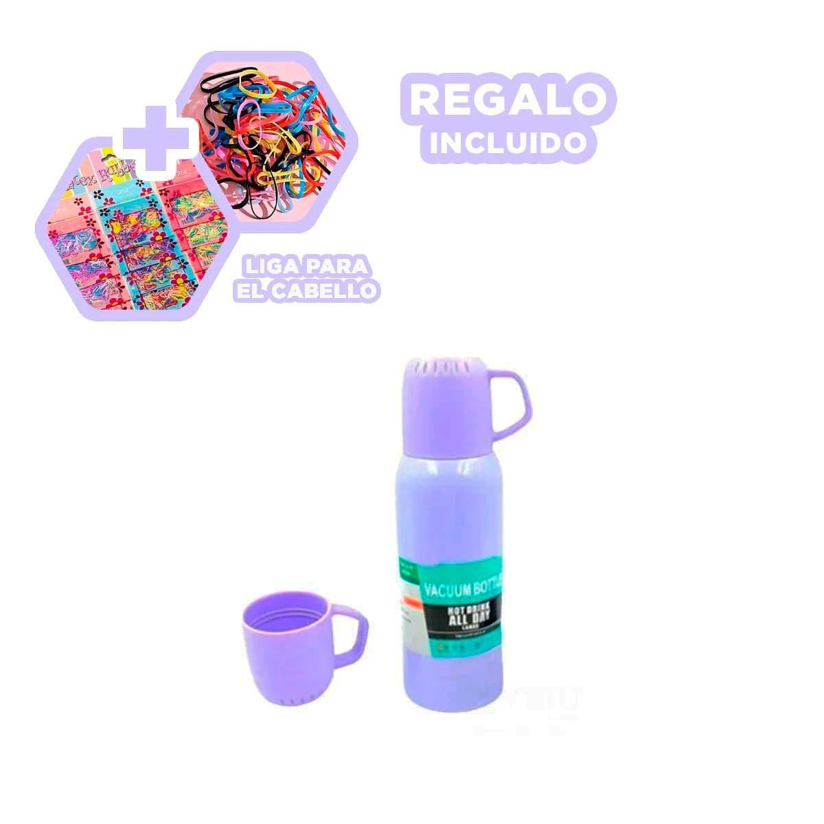RECIPIENTE TERMICO DE 500 ML CON 3 TAZAS LILA PARA USO DIARIO EN HOGAR Y+LIGAS REGALO - 2