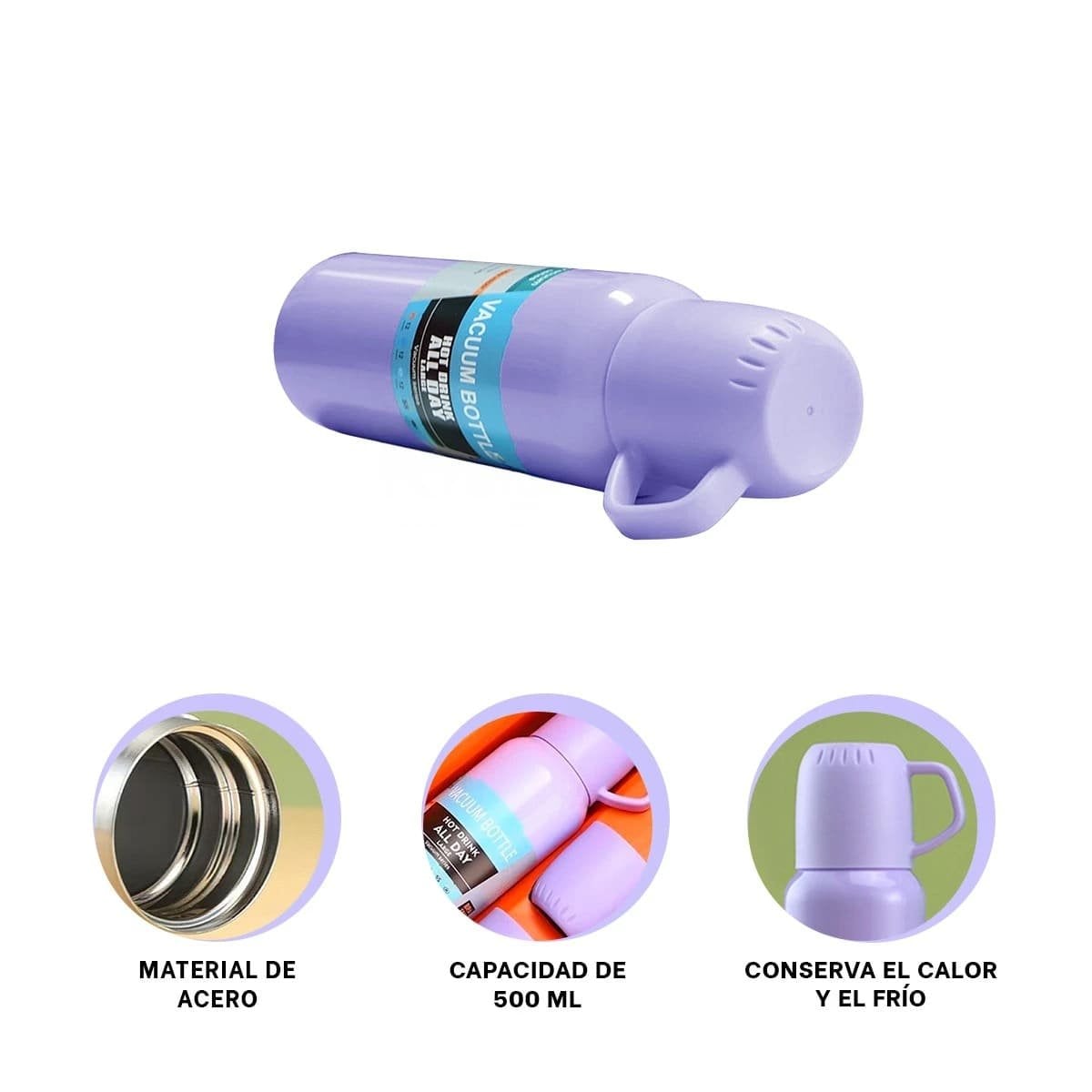 RECIPIENTE TERMICO DE 500 ML CON 3 TAZAS LILA PARA USO DIARIO EN HOGAR Y+LIGAS REGALO - 5
