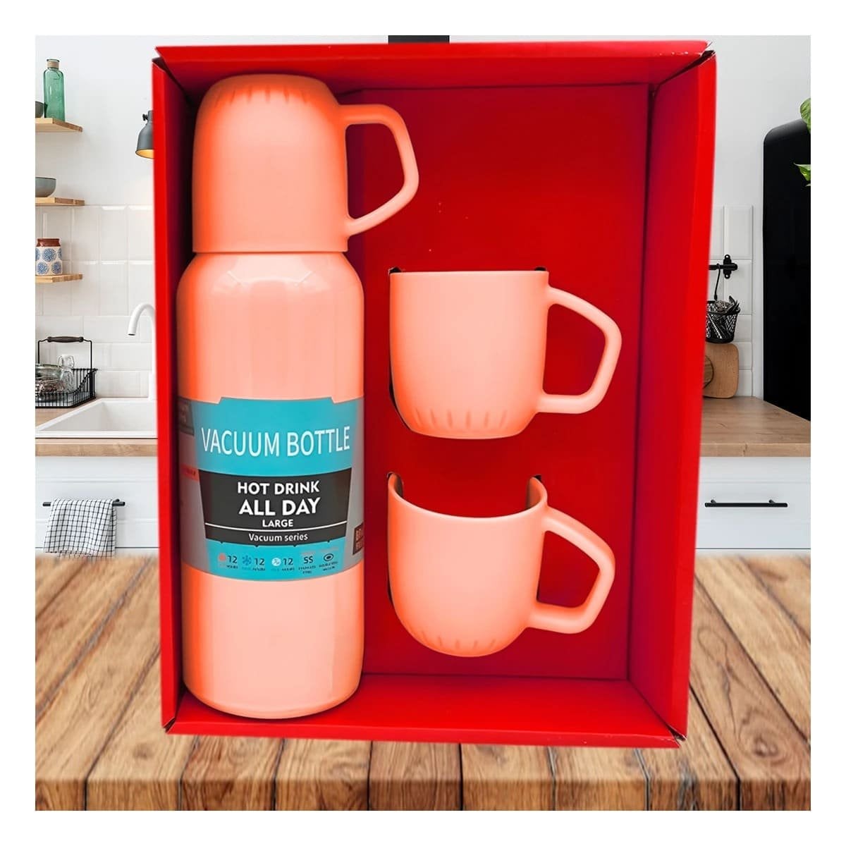 BOTELLA TERMICA DE 500 ML CON 3 TAZAS NARANJA PARA VIAJES Y TRABAJO DIARIO Y+PAPEL REGALO - 1