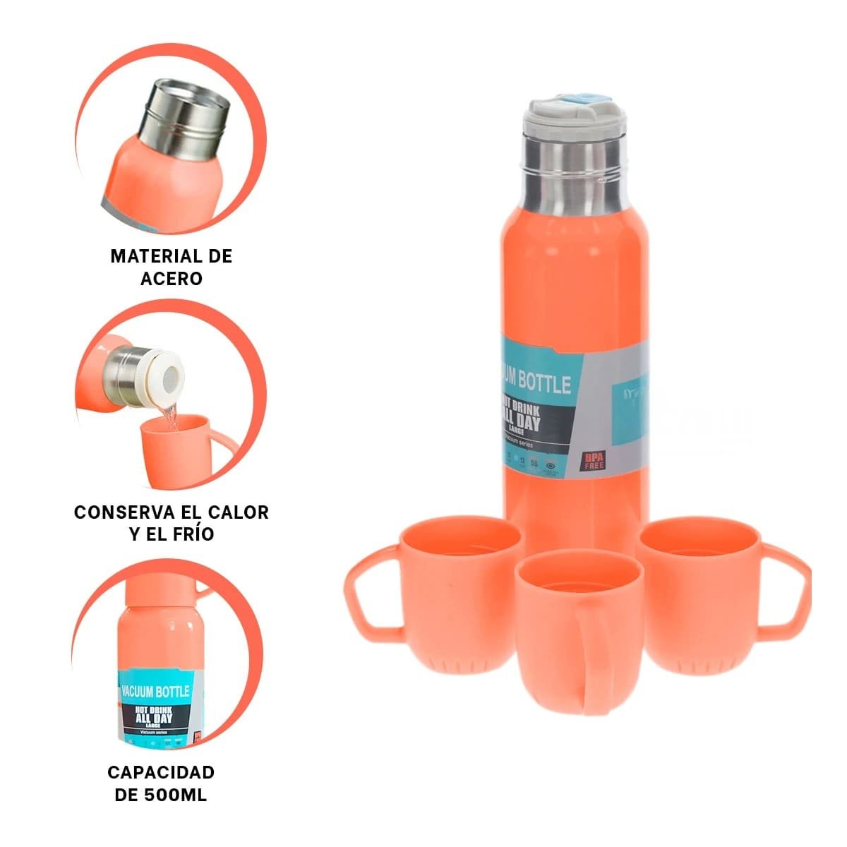BOTELLA TERMICA DE 500 ML CON 3 TAZAS NARANJA PARA VIAJES Y TRABAJO DIARIO Y+PAPEL REGALO - 5