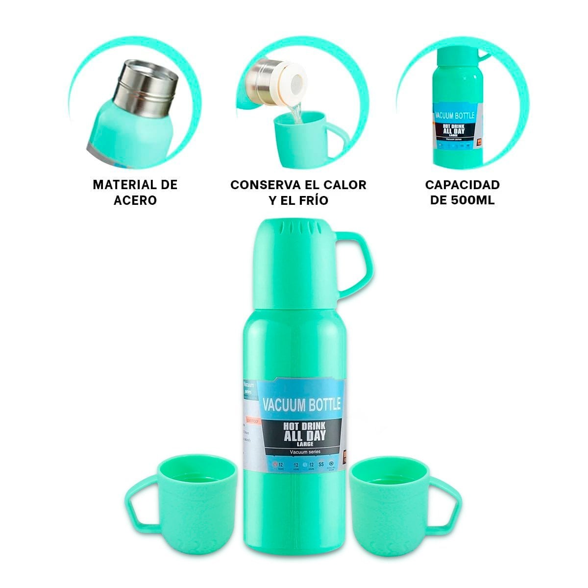 CONTENEDOR TERMICO DE 500ML CON 3 TAZAS VERDE AGUA ALTA CALIDAD Y+POST IT - 5