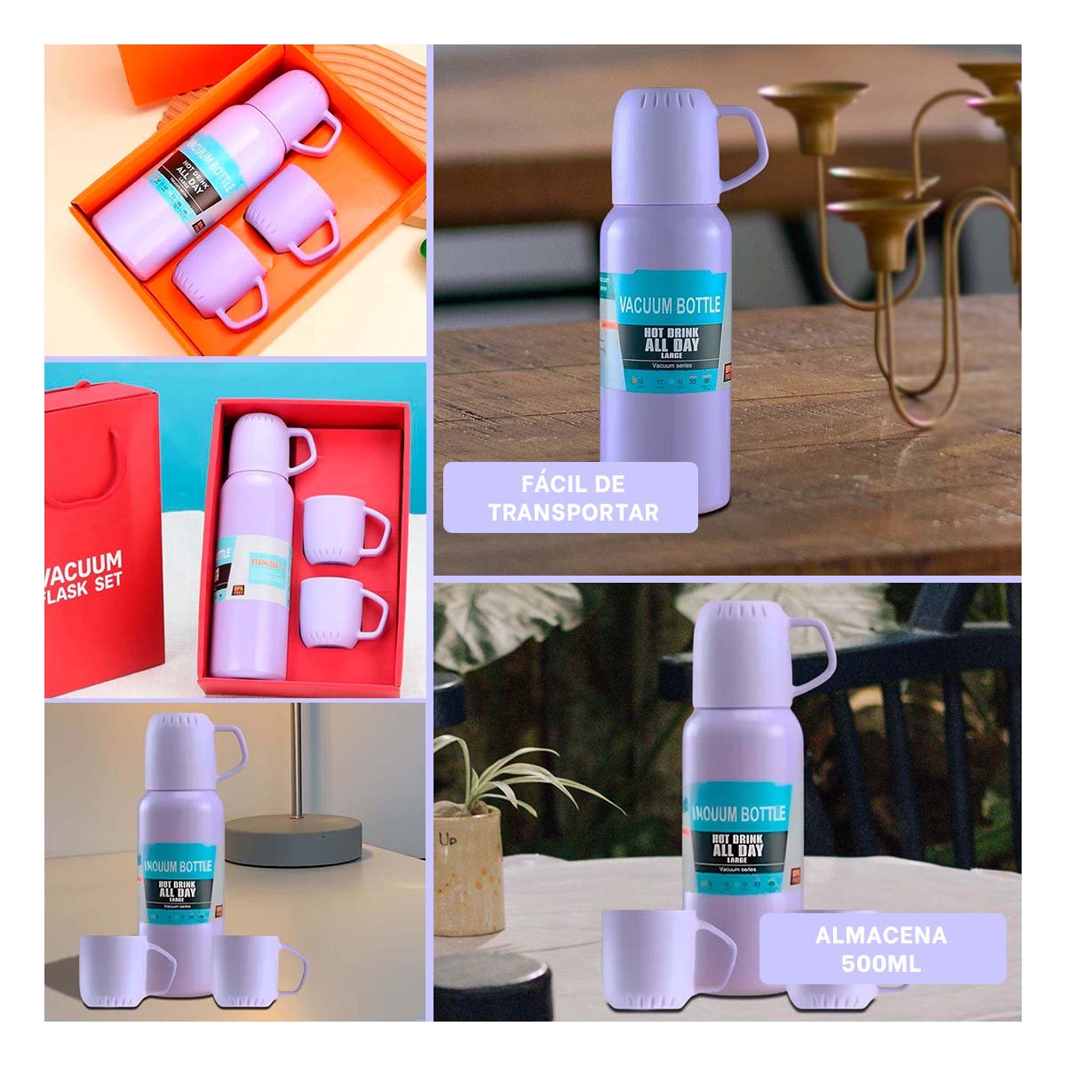 CONTENEDOR TERMICO DE 500 ML CON 3 TAZAS LILA PARA TRABAJO Y PASEOS Y+POST IT - 2
