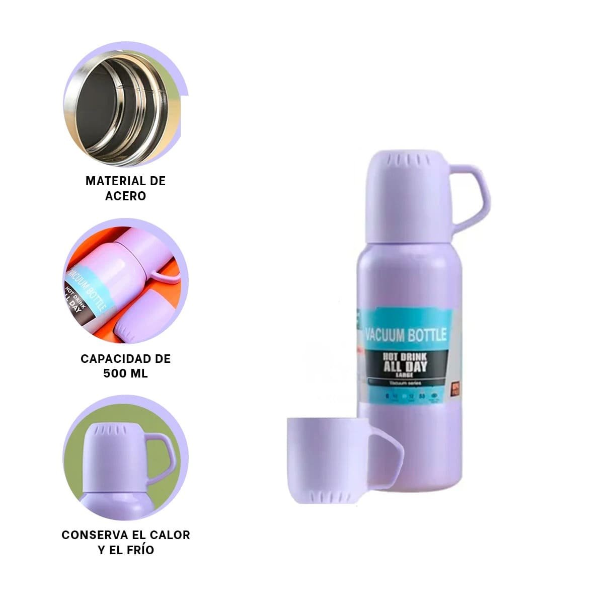 CONTENEDOR TERMICO DE 500 ML CON 3 TAZAS LILA PARA TRABAJO Y PASEOS Y+POST IT - 5