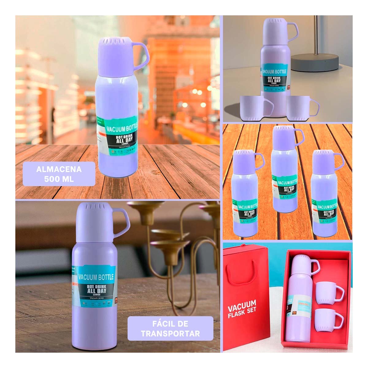 PACK2 BOTELLA REUTILIZABLE 500 ML CON 3 TAZAS LILA PARA TRABAJO DIARIO Y+PAPEL REGALO - 3