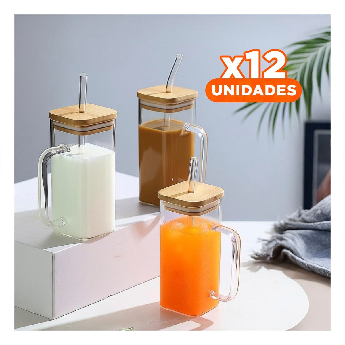 PACK12 RECIPIENTE MODERNO 350 ML CON ASA TAPA Y SORBETE Y+PAPEL REGALO - 1