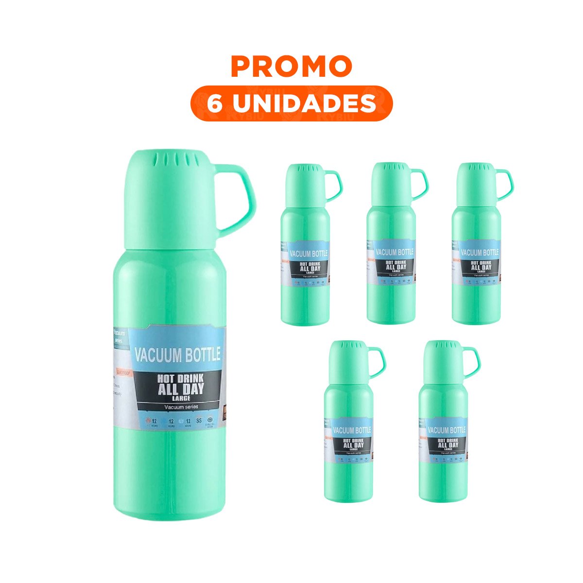 PACK6 RECIPIENTE PORTATIL DE 500ML CON 3 TAZAS VERDE AGUA DURADERO Y+REGALO STICKER - 1