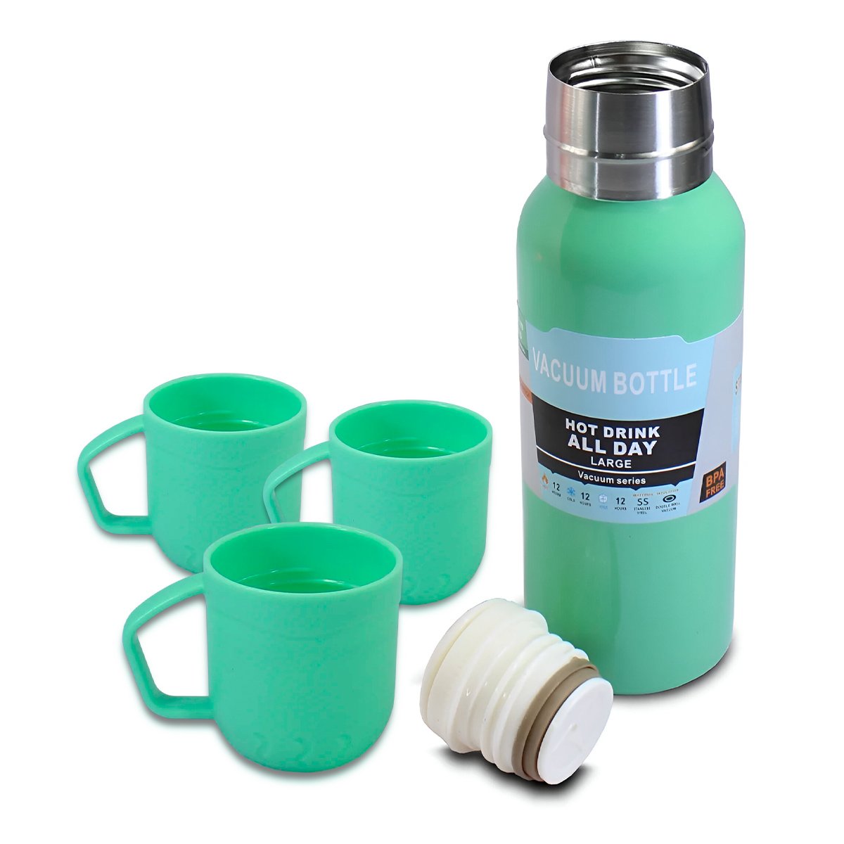 PACK6 RECIPIENTE PORTATIL DE 500ML CON 3 TAZAS VERDE AGUA DURADERO Y+REGALO STICKER - 2