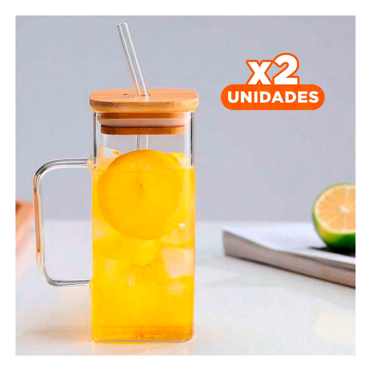 PACK2 JARRO DE VIDRIO 350 ML TRANSPARENTE CON ASA TAPA Y SORBETE RECTO - 1