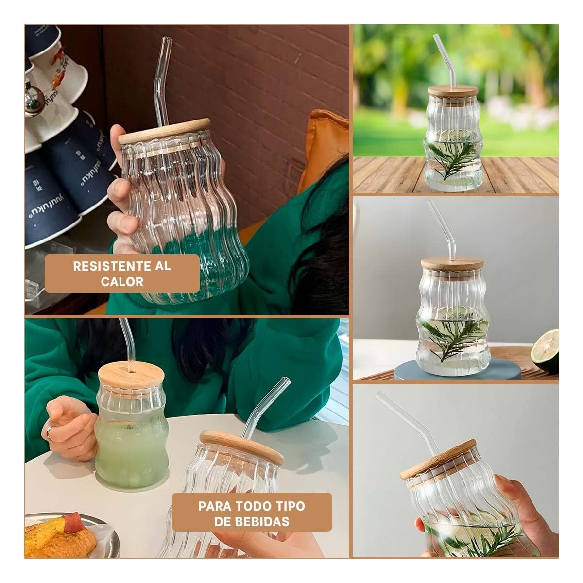 TAZA DE VIDRIO 500 ML CON TAPA PRACTICA Y SORBETE CURVAS A RAYAS Y+LIGAS REGALO - 1