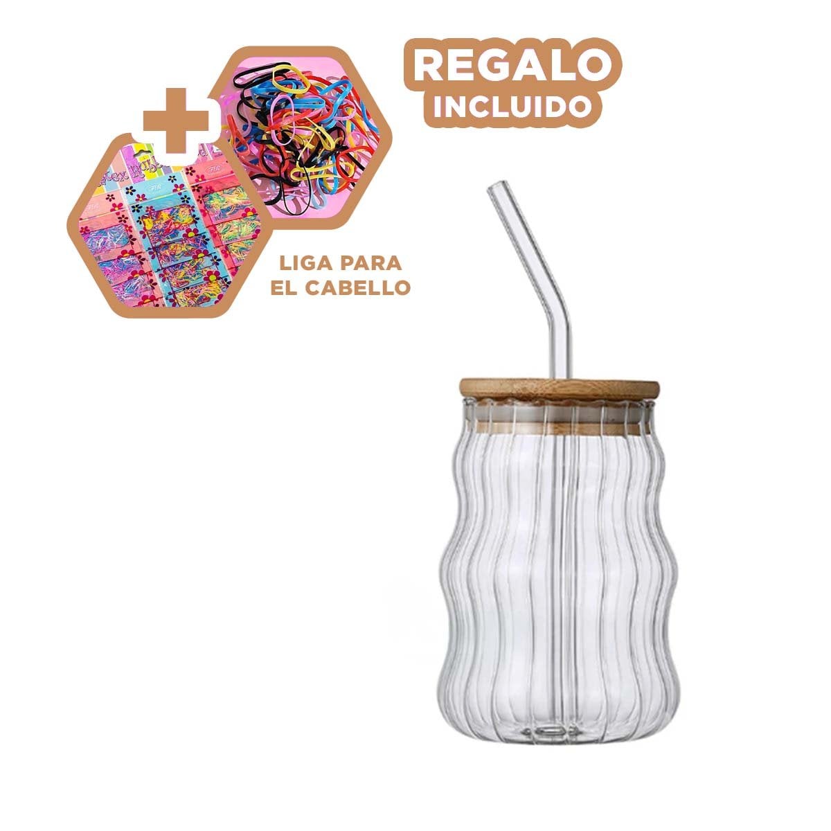 TAZA DE VIDRIO 500 ML CON TAPA PRACTICA Y SORBETE CURVAS A RAYAS Y+LIGAS REGALO - 2