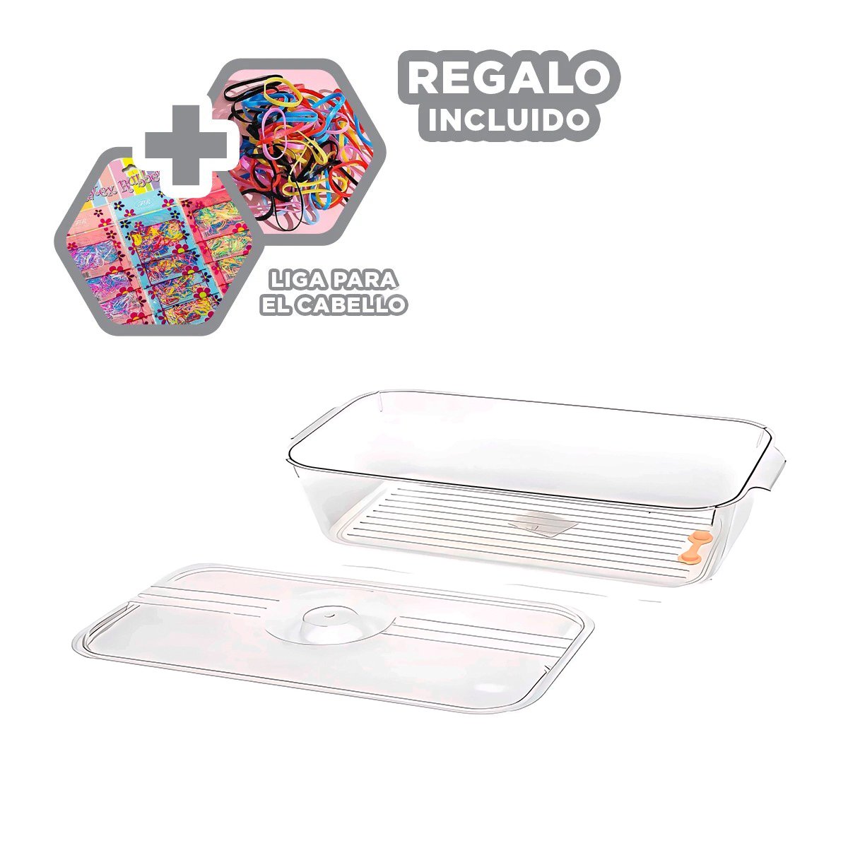 RECIPIENTE MULTIUSO PARA FRUTAS Y VEGETALES 32X20X5CM TRANSPARENTE Y+LIGAS REGALO - 2