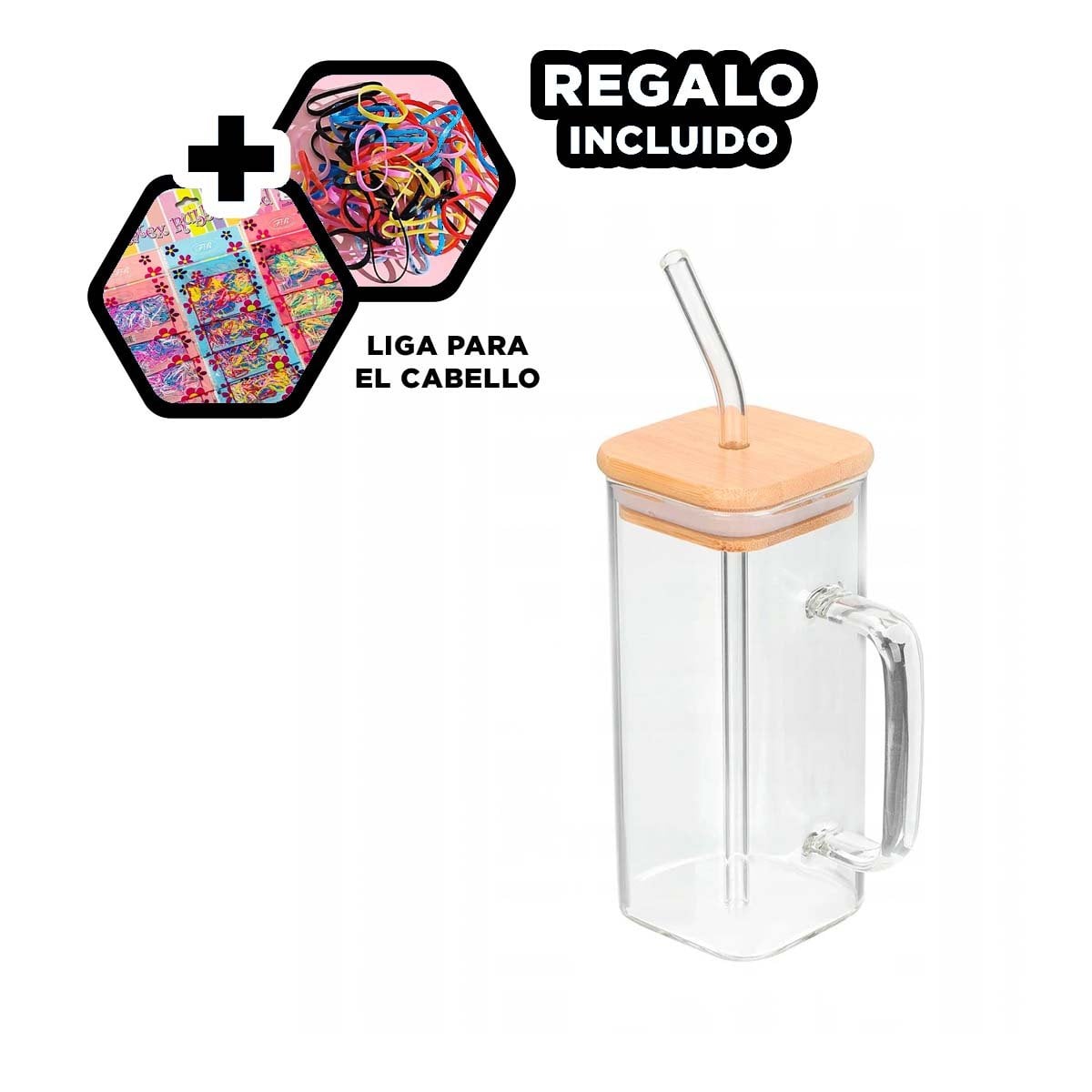 RECIPIENTE CON ASA DE VIDRIO 350 ML CON TAPA Y SORBETE TRANSPARENTE RECTANGULAR Y+LIGAS REGALO - 2