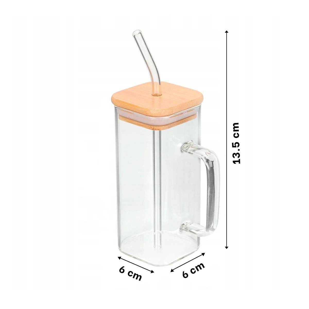 RECIPIENTE CON ASA DE VIDRIO 350 ML CON TAPA Y SORBETE TRANSPARENTE RECTANGULAR Y+LIGAS REGALO - 4
