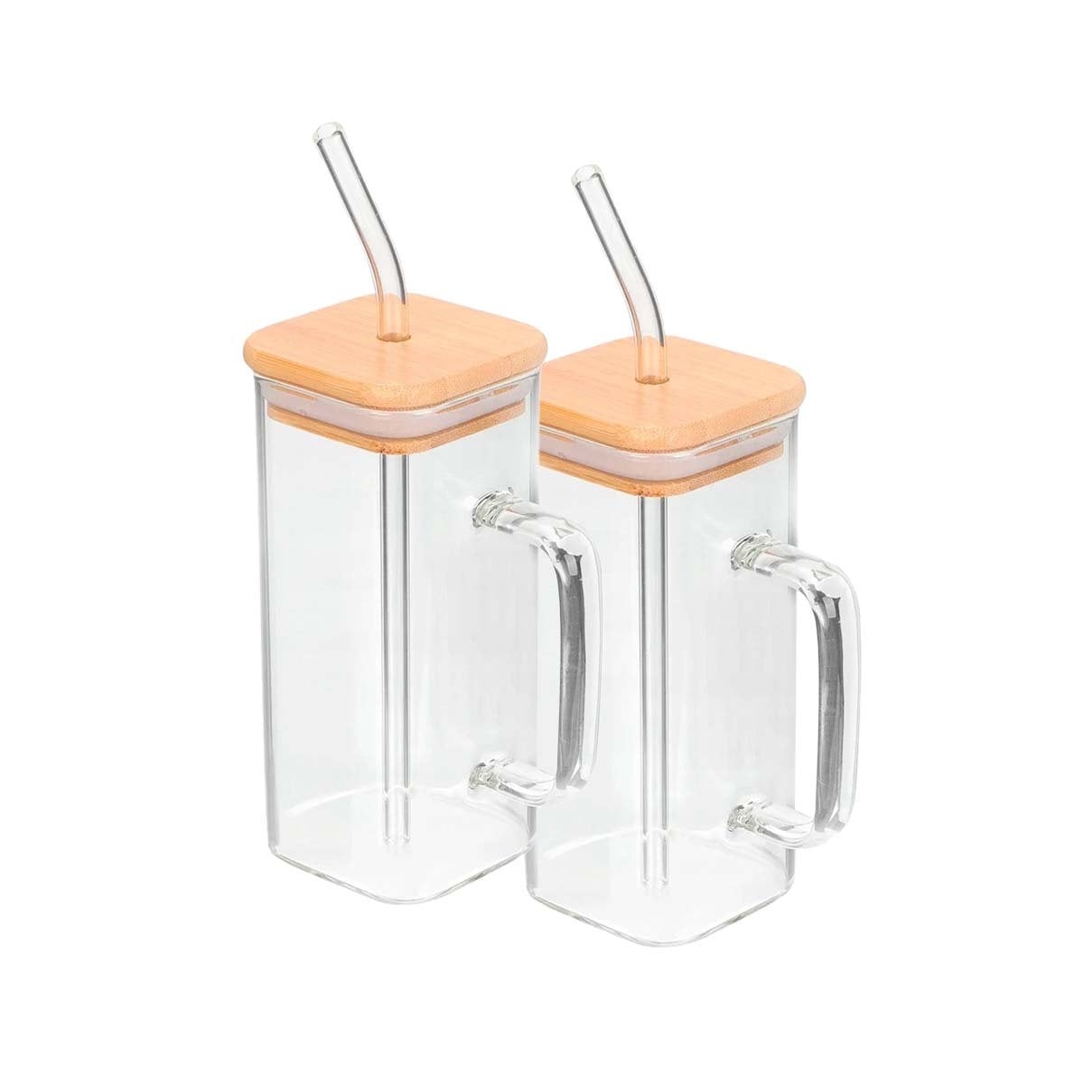 RECIPIENTE CON ASA DE VIDRIO 350 ML CON TAPA Y SORBETE TRANSPARENTE RECTANGULAR Y+LIGAS REGALO - 5