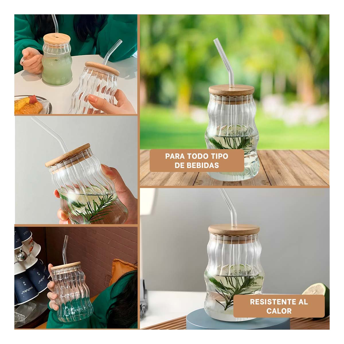 PACK4 CONTENEDOR TRANSPARENTE 500 ML DE VIDRIO CON TAPA Y SORBETE Y+REGALO STICKER - 2
