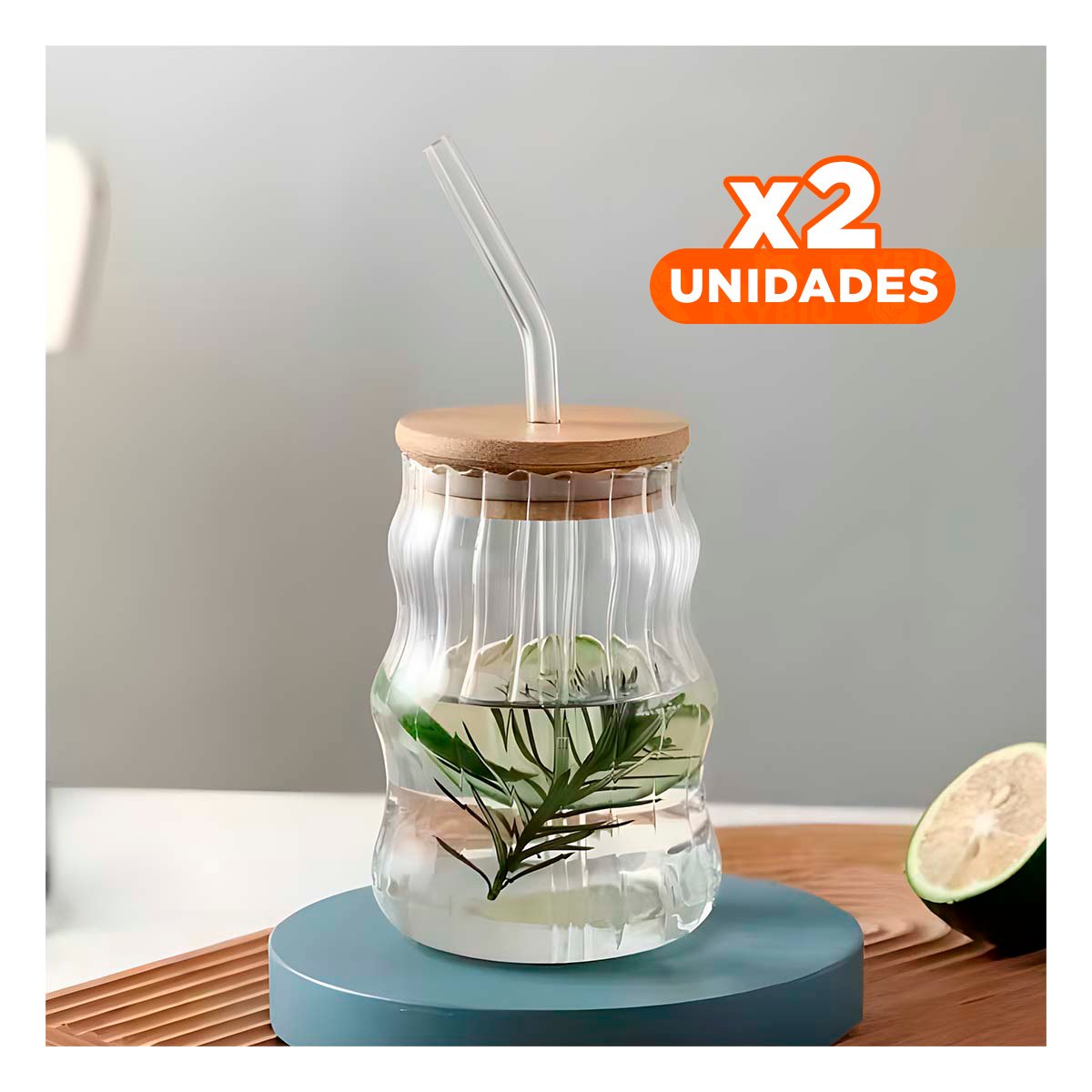 PACK2 BOTELLA DE VIDRIO TRANSPARENTE 500 ML CON TAPA Y SORBETE CURVAS - 1