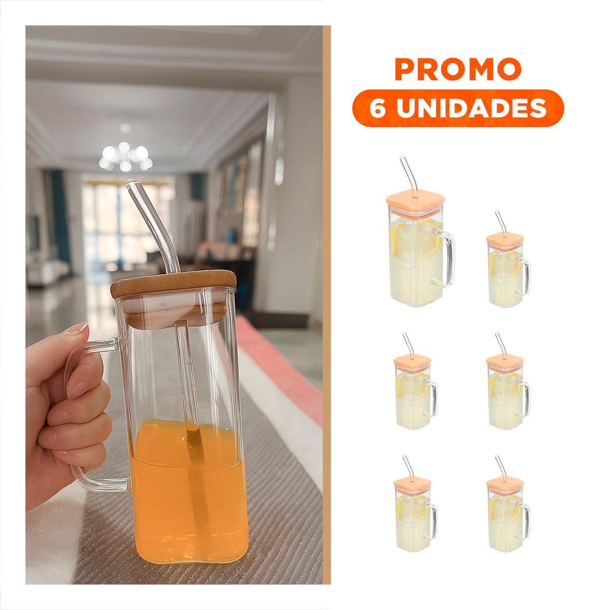 PACK6 TAZA PRACTICA 350 ML DE VIDRIO CON ASA TAPA Y+REGALO STICKER - 1