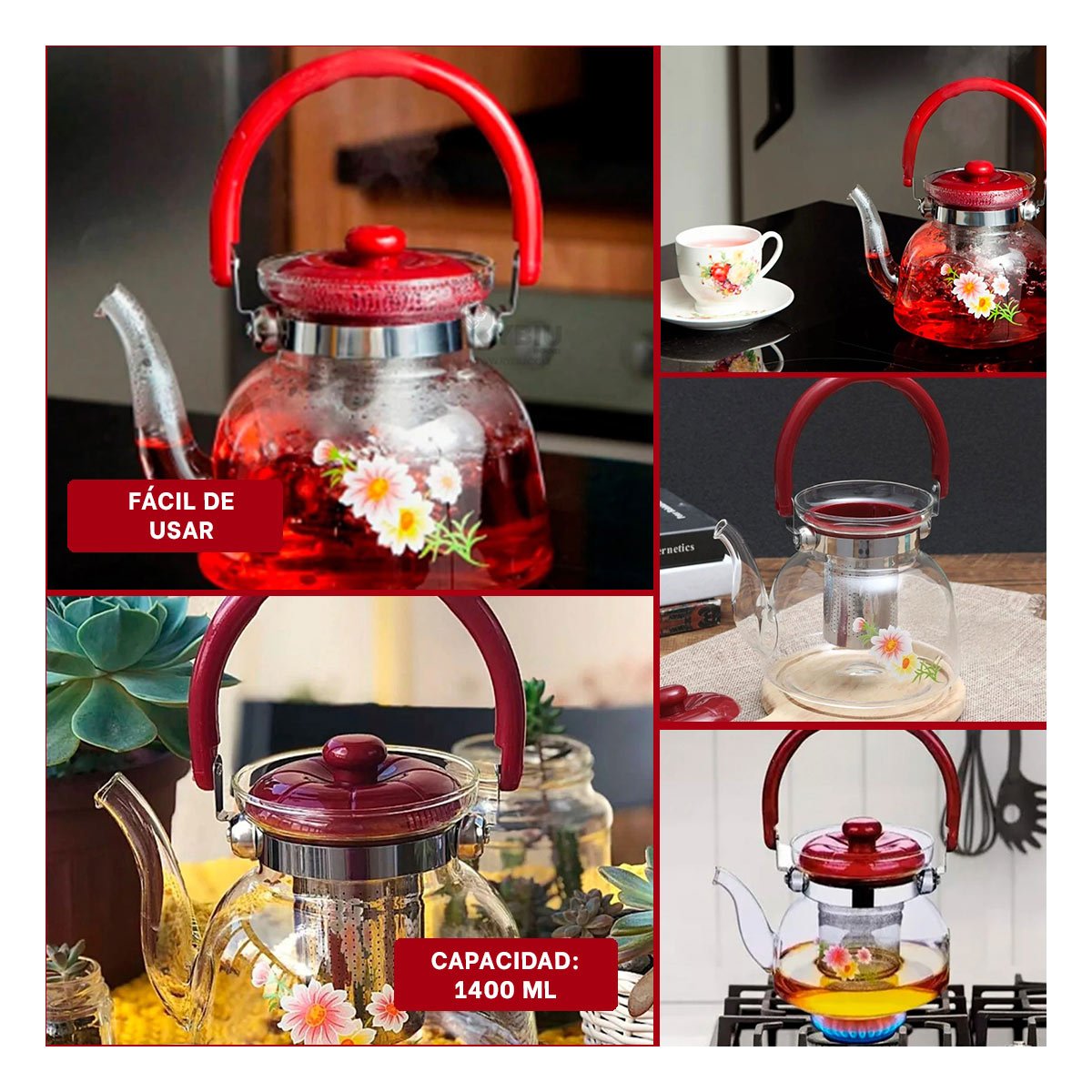 JARRA DE VIDRIO PARA TE Y CAFE 1400ML TRANSPARENTE GUINDA - 2