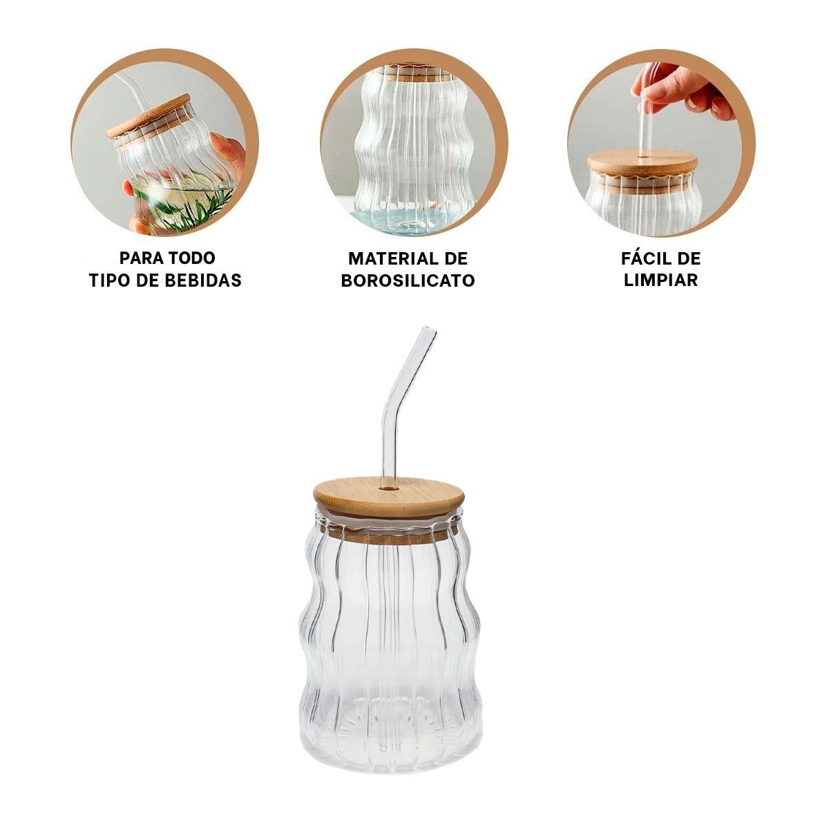 RECIPIENTE DE VIDRIO 500 ML CON TAPA AJUSTABLE Y SORBETE RAYAS Y+PAPEL REGALO - 5