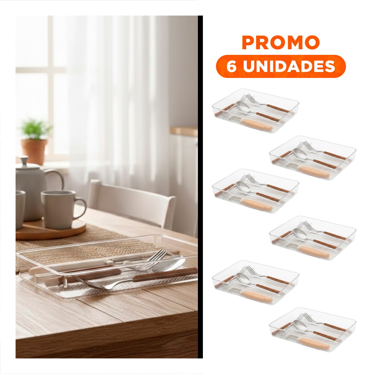 PACK6 ORGANIZADOR RECTANGULAR CON 4 COMPARTIMIENTOS 33X18X5CM TRANSPARENTE Y+REGALO STICKER - 1