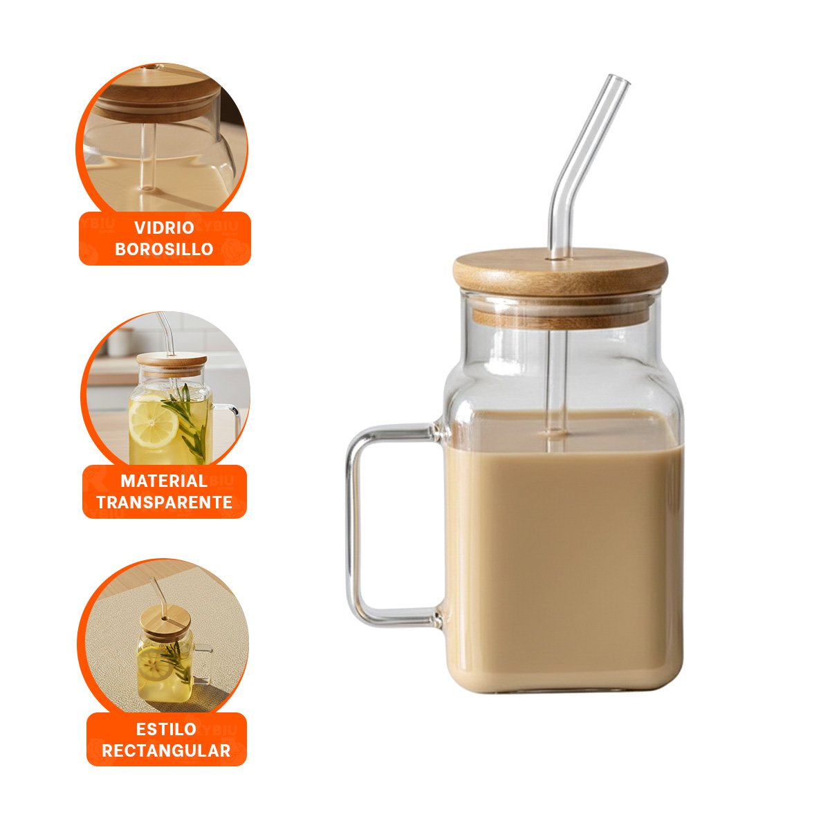VASO TRANSPARENTE DE VIDRIO 500ML CON ASA Y TAPA CON SORBETE RECTANGULAR Y+PAPEL REGALO - 5