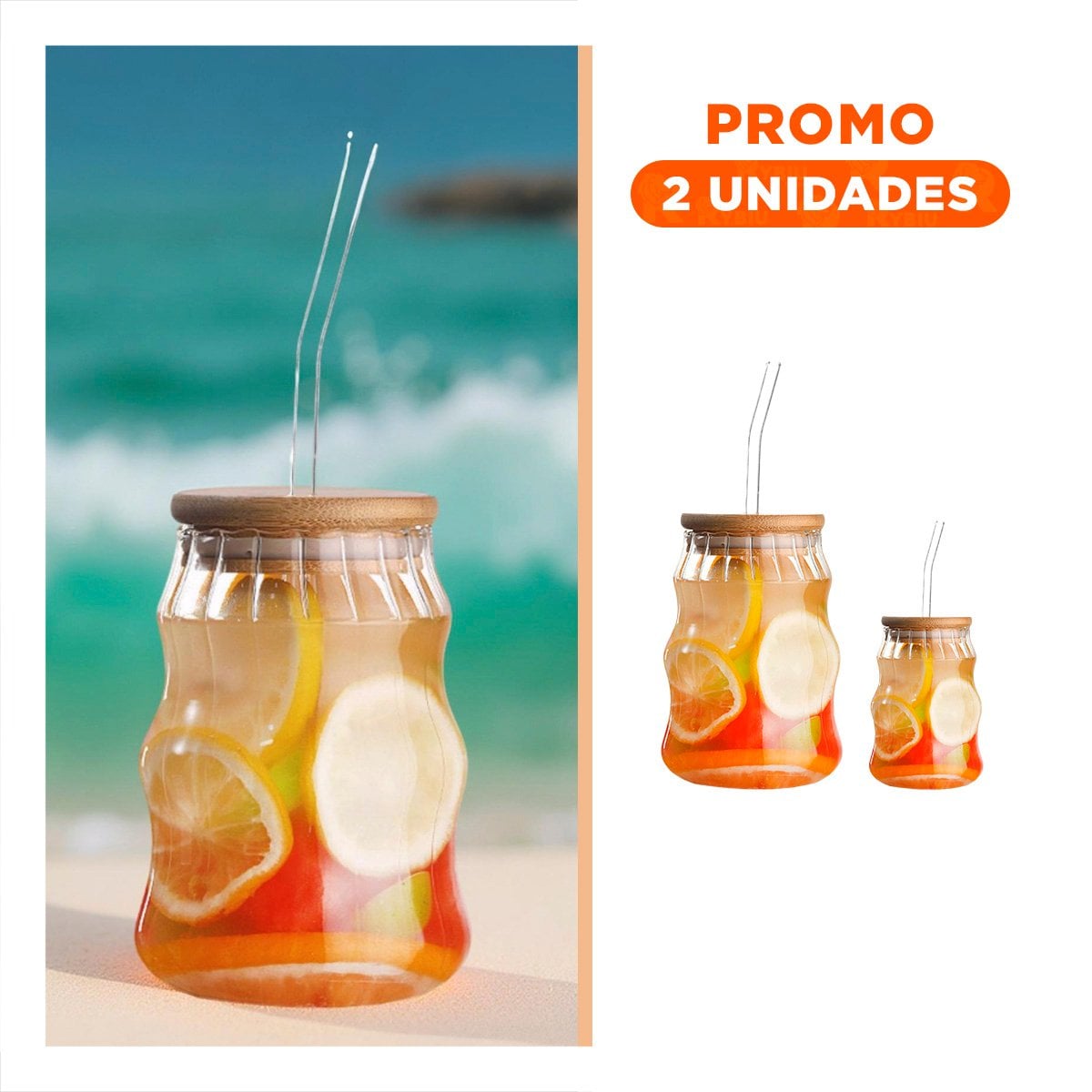 PACK2 BOTELLA MODERNA DE VIDRIO 500 ML CON TAPA AJUSTADA Y SORBETE Y+REGALO STICKER - 1