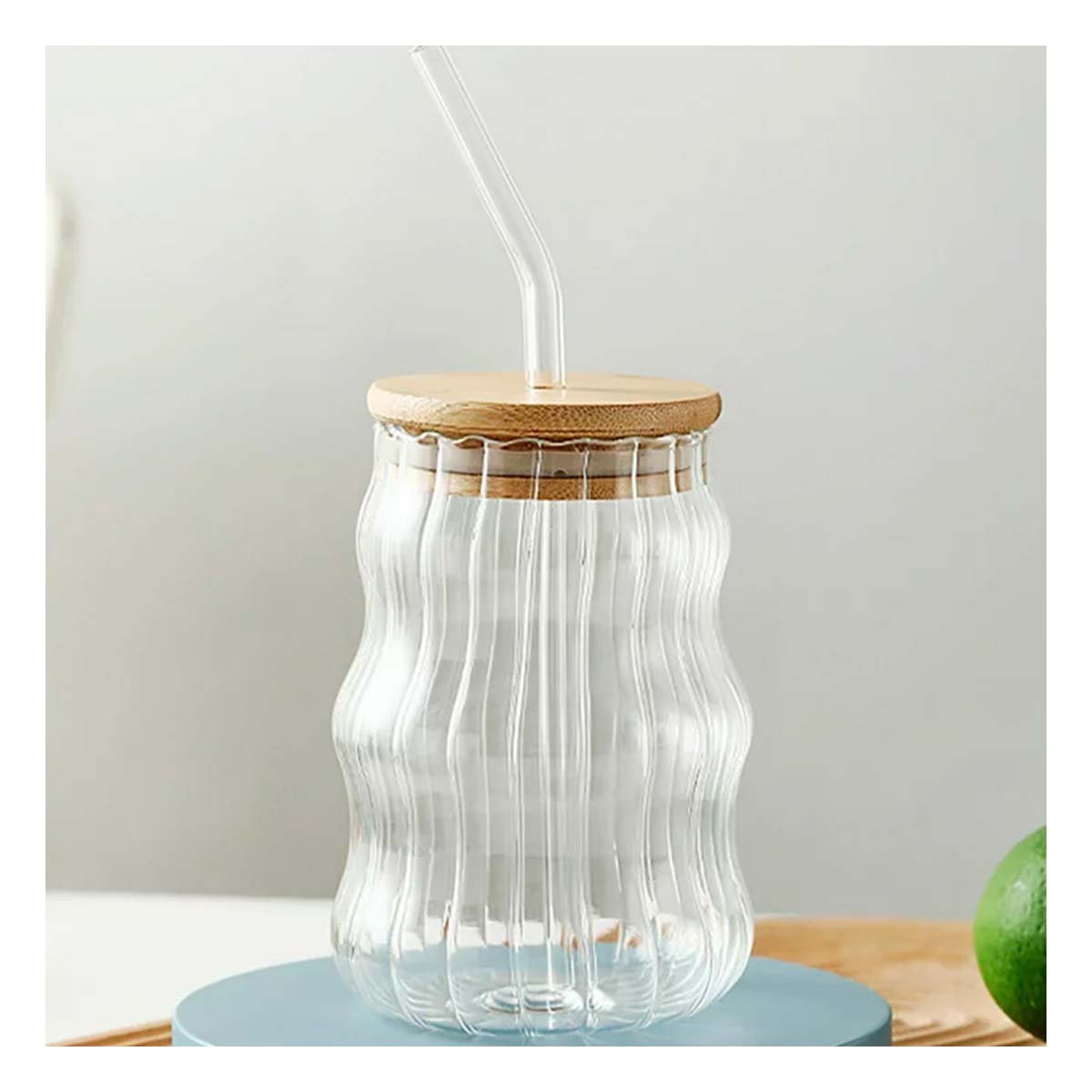 PACK6 CONTENEDOR DE VIDRIO RAYADO 500 ML CON TAPA Y SORBETE - 2
