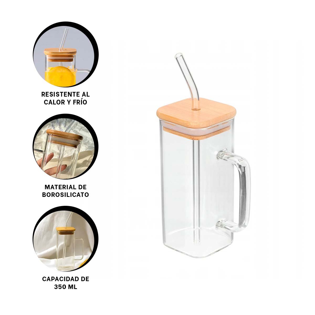 CONTENEDOR CON ASA DE VIDRIO 350 ML CON TAPA Y SORBETE TRANSPARENTE ELEGANTE Y+POST IT - 5