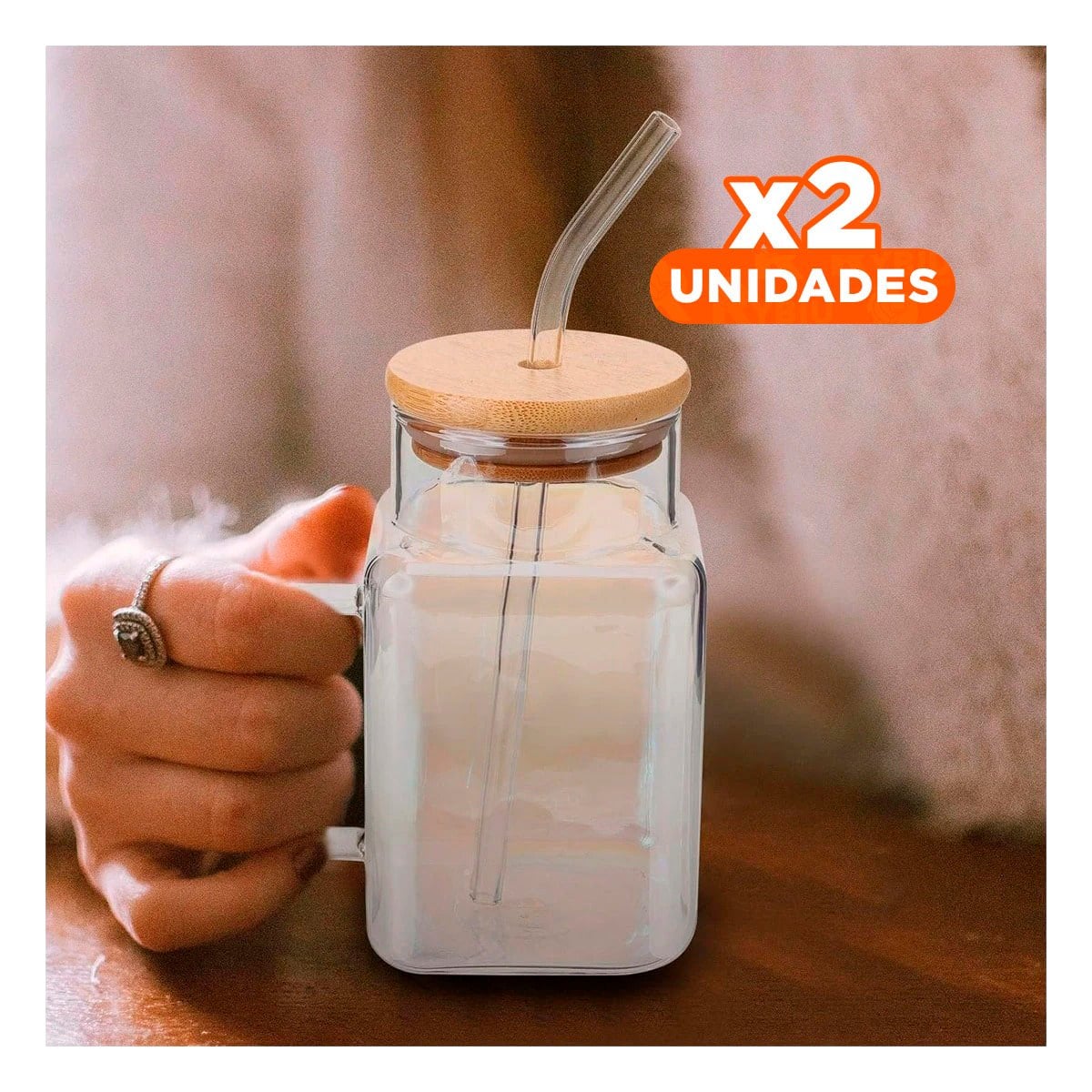 PACK2 JARRO TRANSPARENTE 500ML DE VIDRIO CON ASA ERGONOMICA Y SORBETE Y+PAPEL REGALO - 1