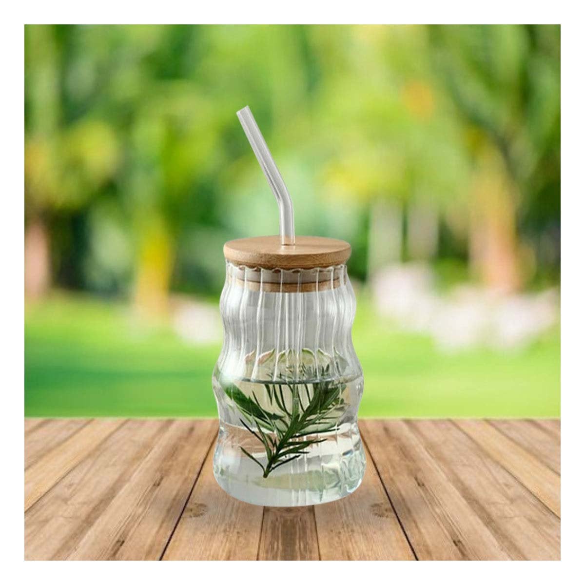 VASO DE VIDRIO 500 ML CON TAPA HERMETICA Y SORBETE TRANSPARENTE CURVAS - 1