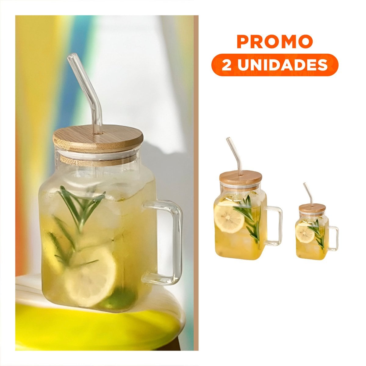 PACK2 JARRO ANCHO RECTANGULAR DE VIDRIO CON TAPA Y SORBETE 500ML Y+REGALO STICKER - 1