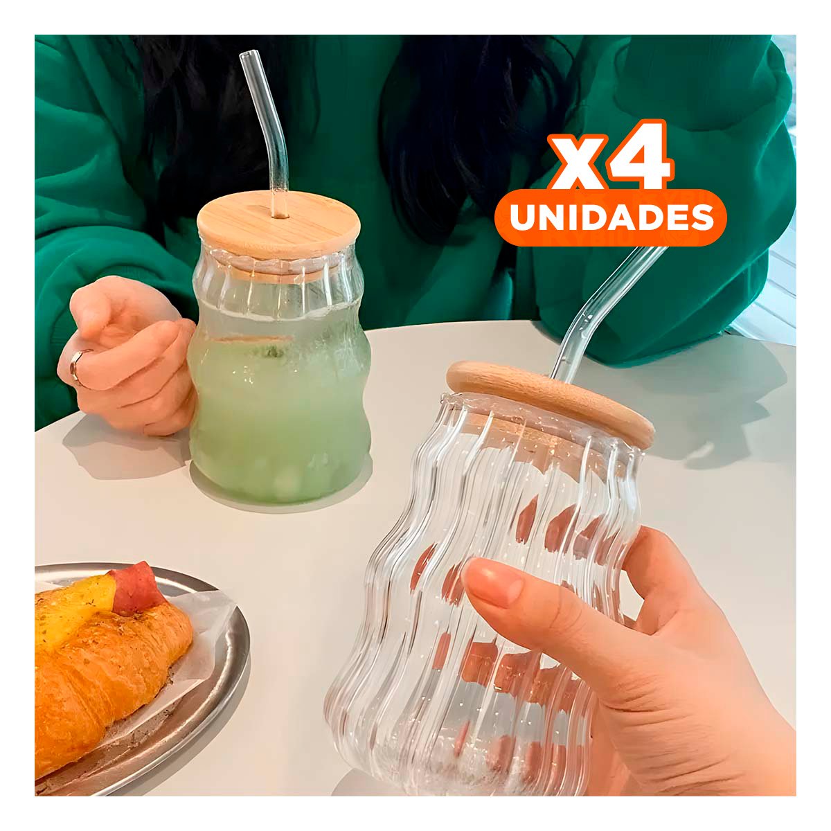 PACK4 BOTELLA PERSONAL 500 ML DE VIDRIO CON TAPA PRACTICA Y SORBETE Y+PAPEL REGALO - 1