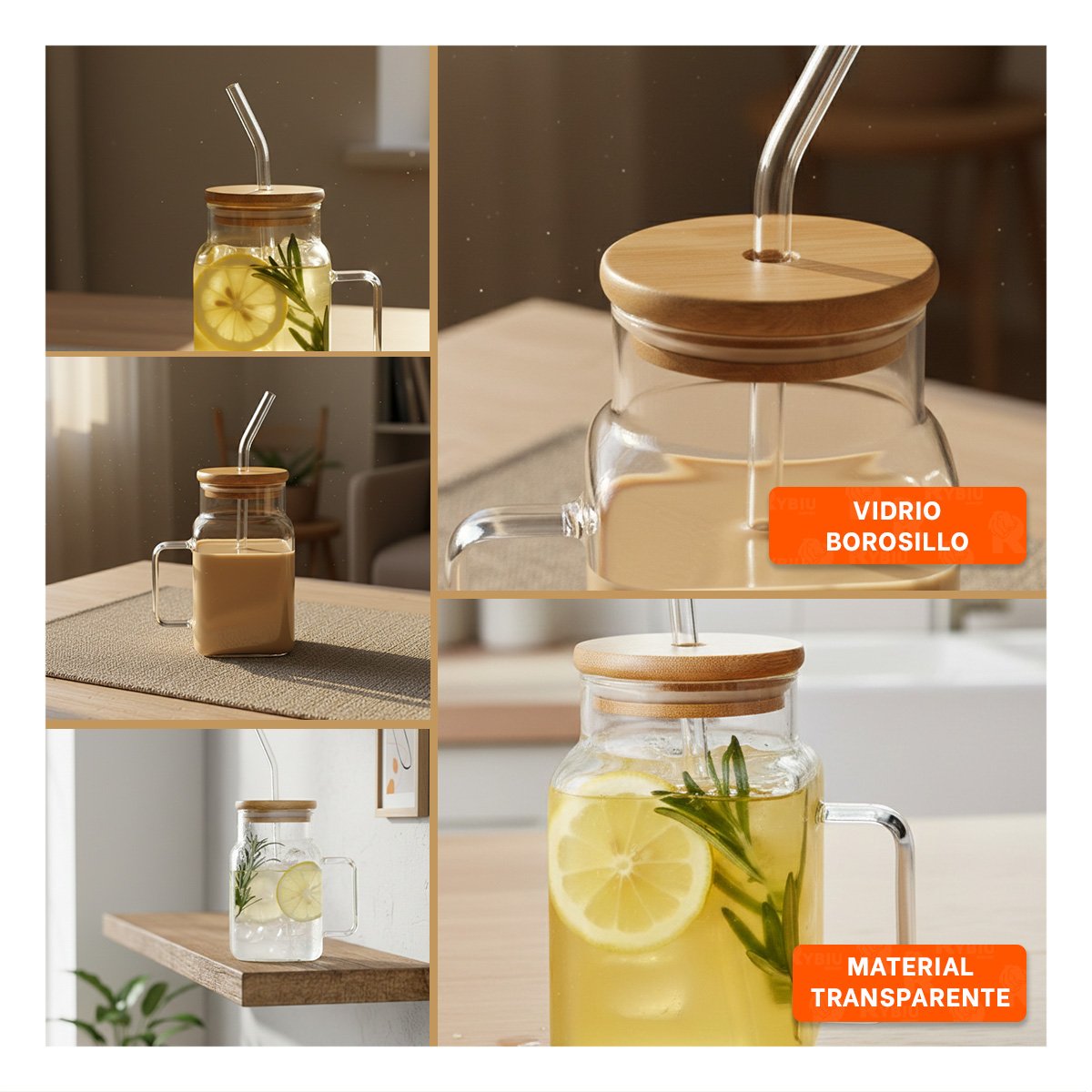 VASO MODERNO DE VIDRIO 500ML CON ASA COMODA TAPA HERMETICA Y SORBETE Y+POST IT - 2