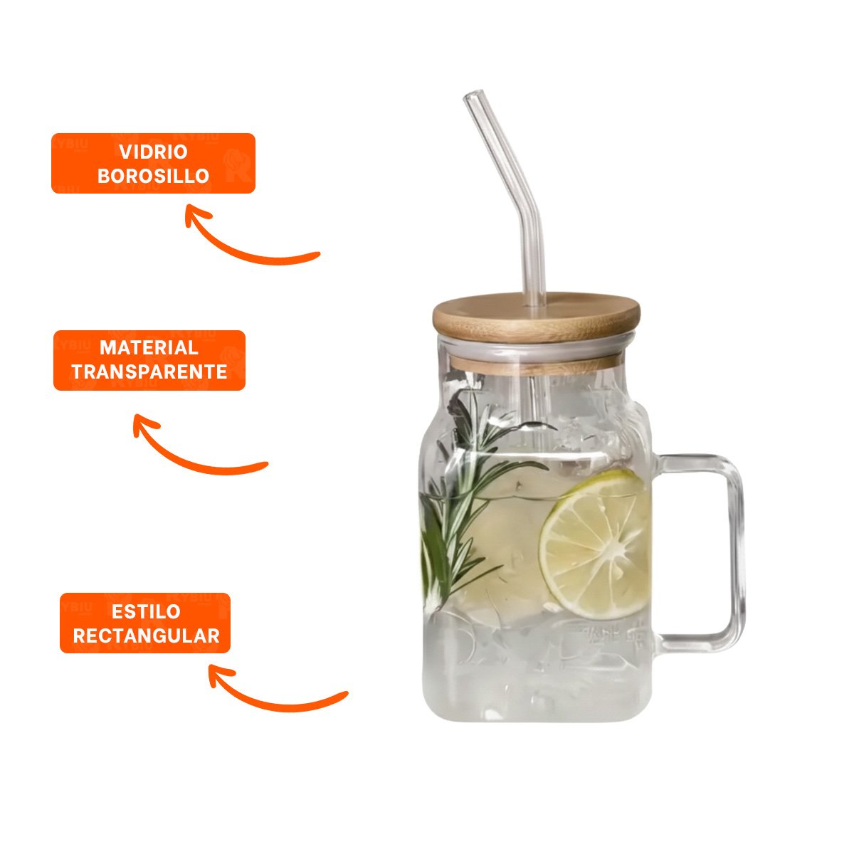 VASO MODERNO DE VIDRIO 500ML CON ASA COMODA TAPA HERMETICA Y SORBETE Y+POST IT - 5