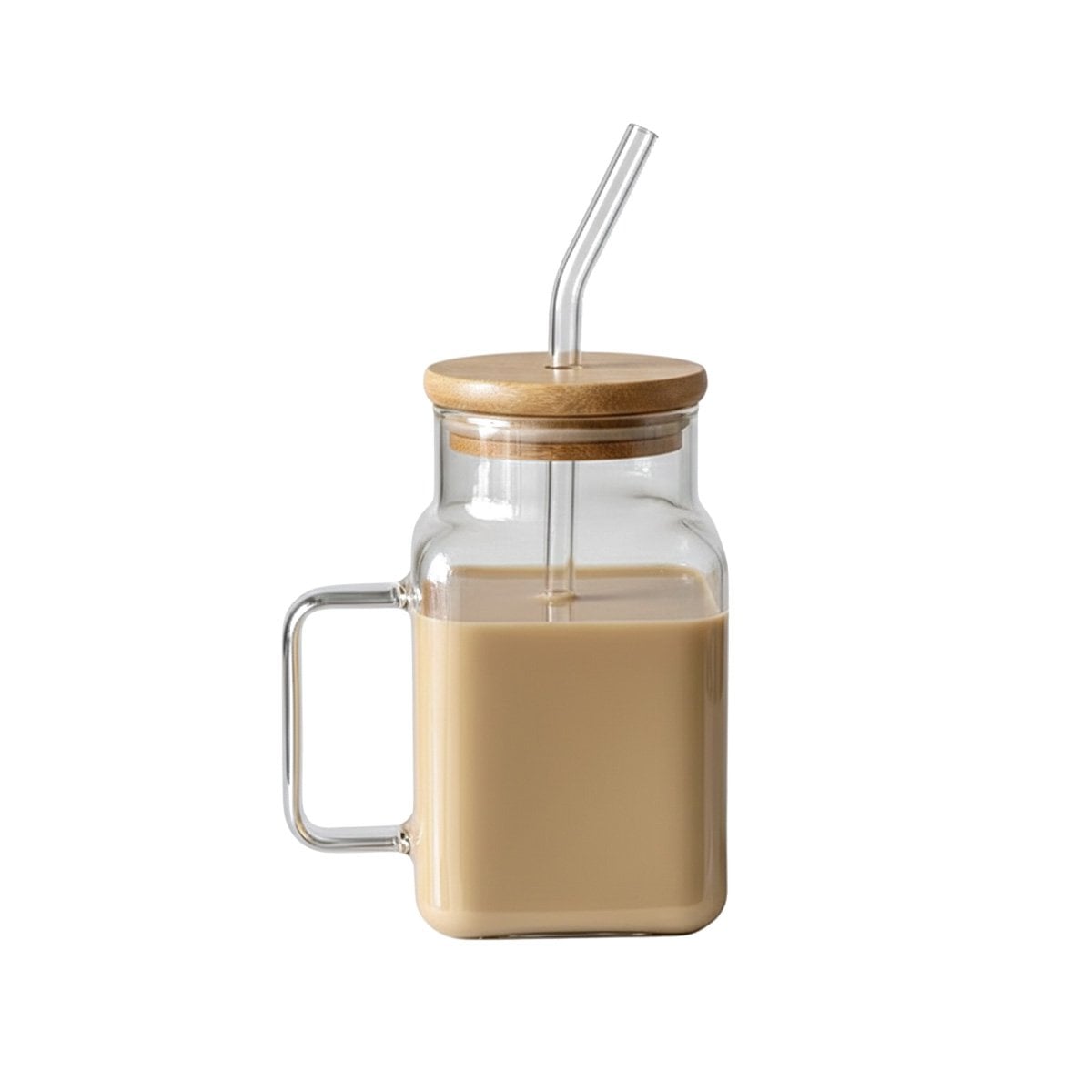 VASO ANCHO DE VIDRIO 500ML CON ASA RESISTENTE TAPA Y SORBETE Y+REGALO STICKER - 1