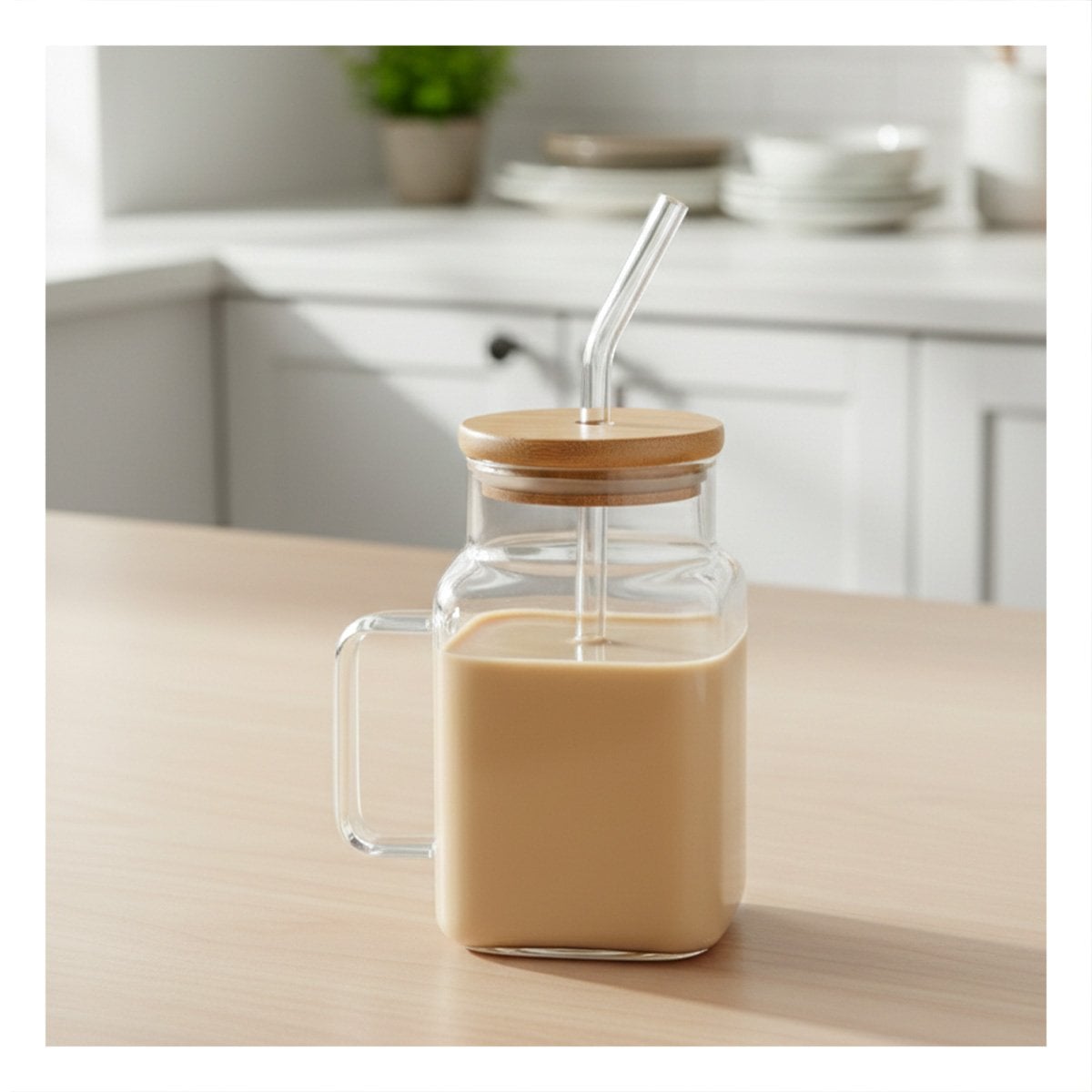 VASO ANCHO DE VIDRIO 500ML CON ASA RESISTENTE TAPA Y SORBETE Y+REGALO STICKER - 3