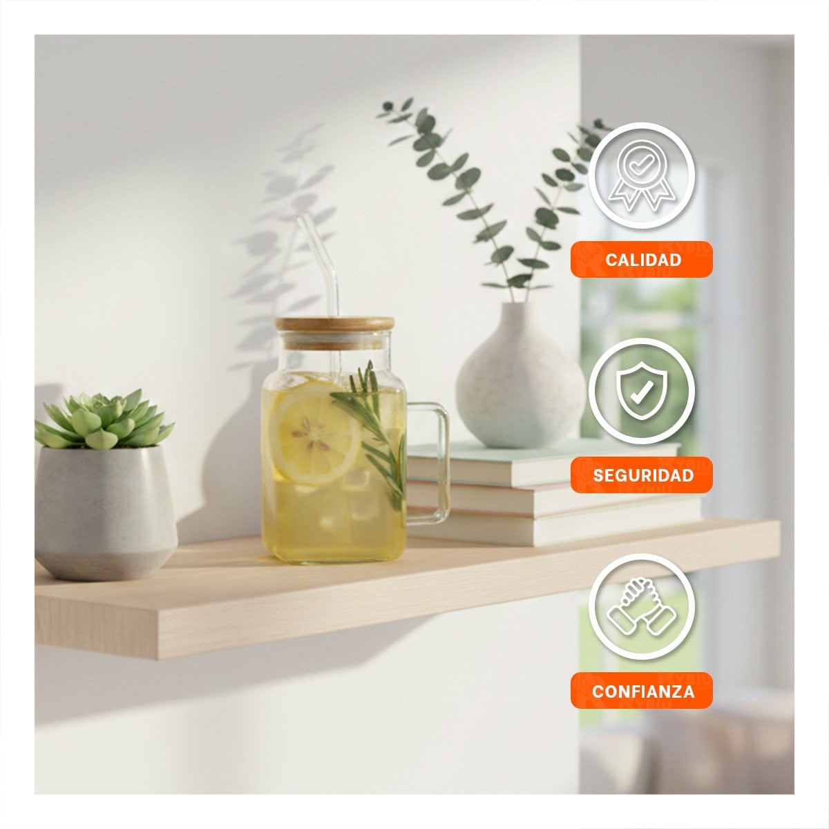 VASO ANCHO DE VIDRIO 500ML CON ASA RESISTENTE TAPA Y SORBETE Y+REGALO STICKER - 5