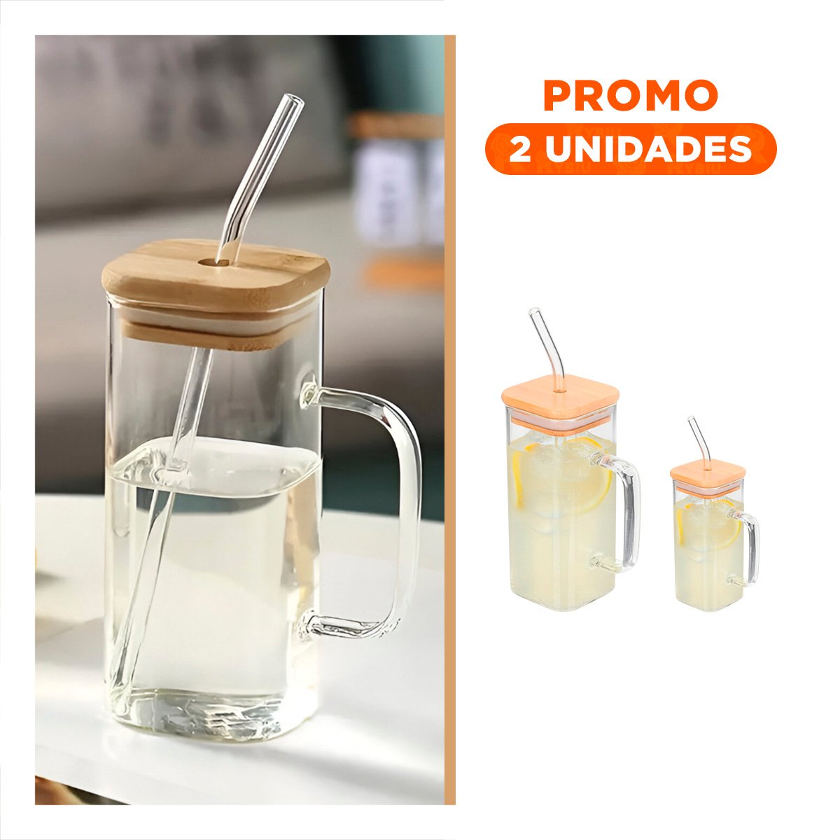 PACK2 JARRO RECTANGULAR 350 ML TRANSPARENTE CON ASA Y SORBETE Y+REGALO STICKER - 1