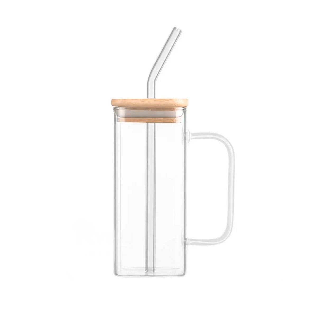 TAZA CON ASA DE VIDRIO 350 ML CON TAPA Y SORBETE TRANSPARENTE PRACTICO Y+REGALO STICKER - 1