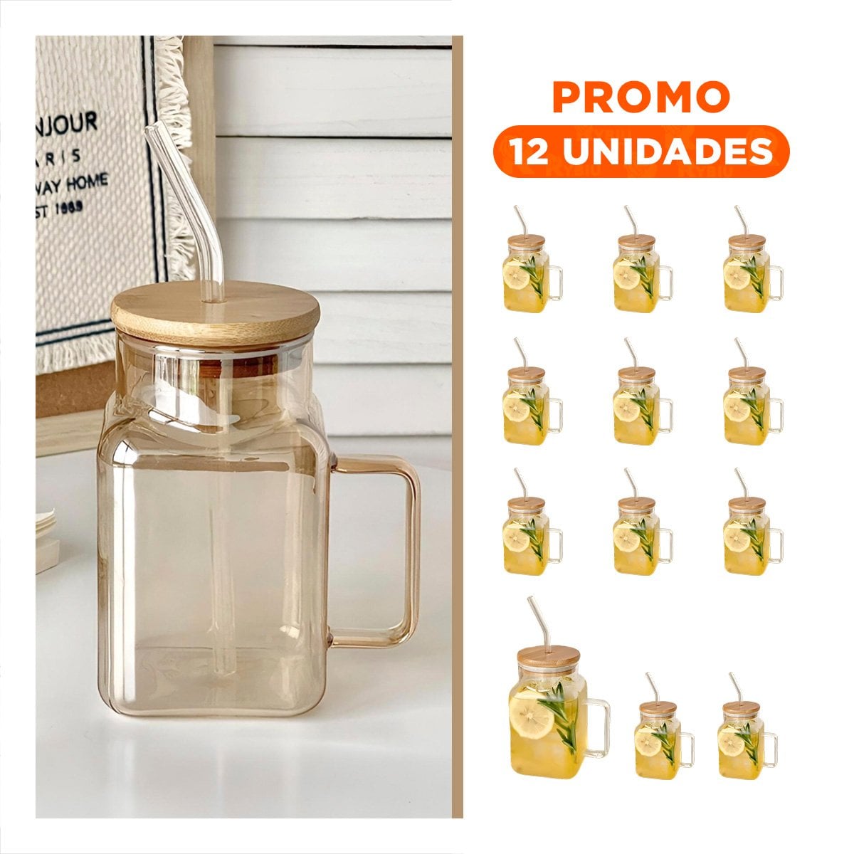 PACK12 TAZA RECTANGULAR TRANSPARENTE CON ASA COMODA Y SORBETE - 1