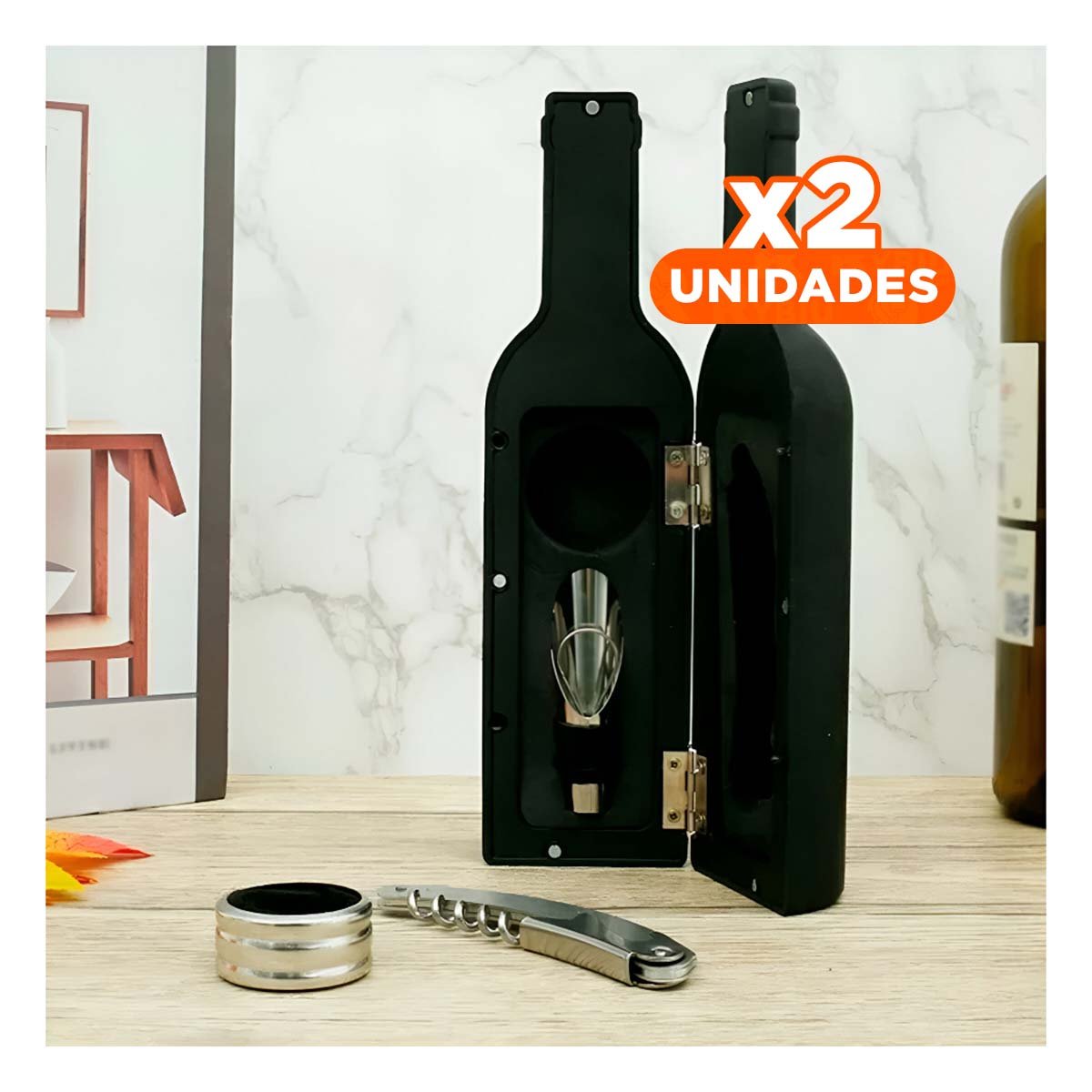 PACK2 JUEGO SACA CORCHO PEQUENO 4 PIEZAS NEGRO PARA COCINA Y EVENTOS FAMILIARES - 1